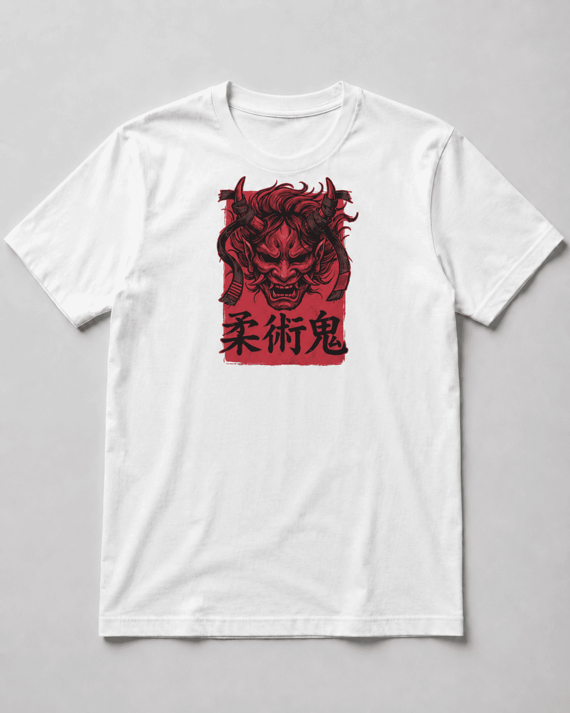 White tee with a red oni demon mask, black belts tied around its horns and the kanji for jiu jitsu demon