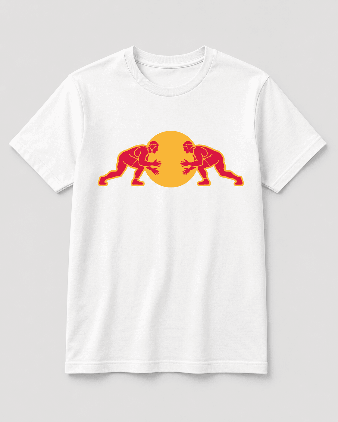 White tee with two red wrestlers shooting at each other over a yellow sun
